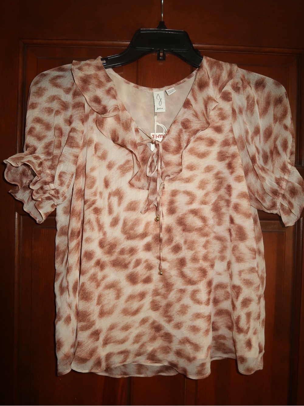 Joie Cream and Brown Leopard-Print Ruffle Tie Blouse